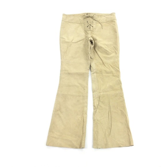 Vintage Y2K Hipster Lace Up Front Leather Pants Size 11 Cream Tan Boot Cut Large